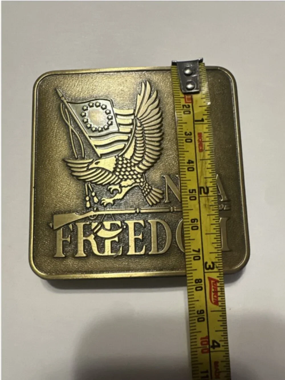 NRA FREEDOM Vintage 1970s Brass Bicentennial Belt Buckle 3 Inch Square